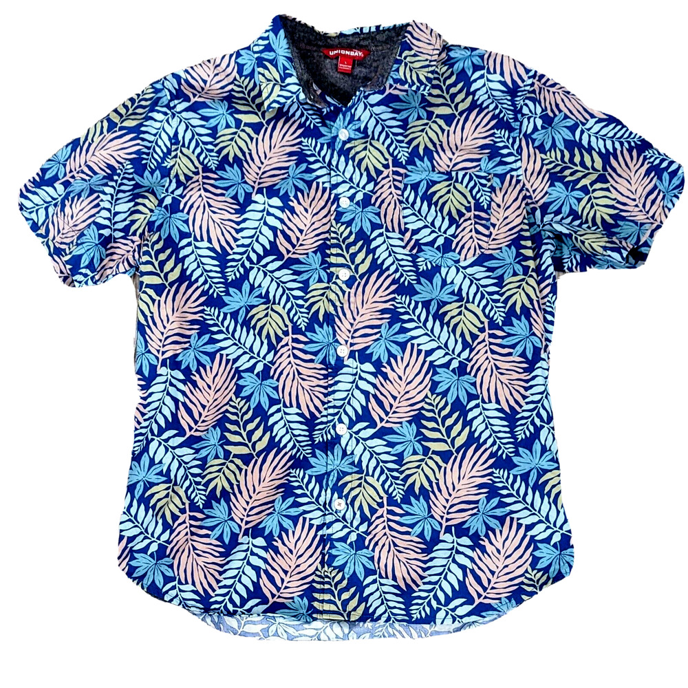 UNIONBAY Blue and Pink Tropical Print Casual Button Down Shirt